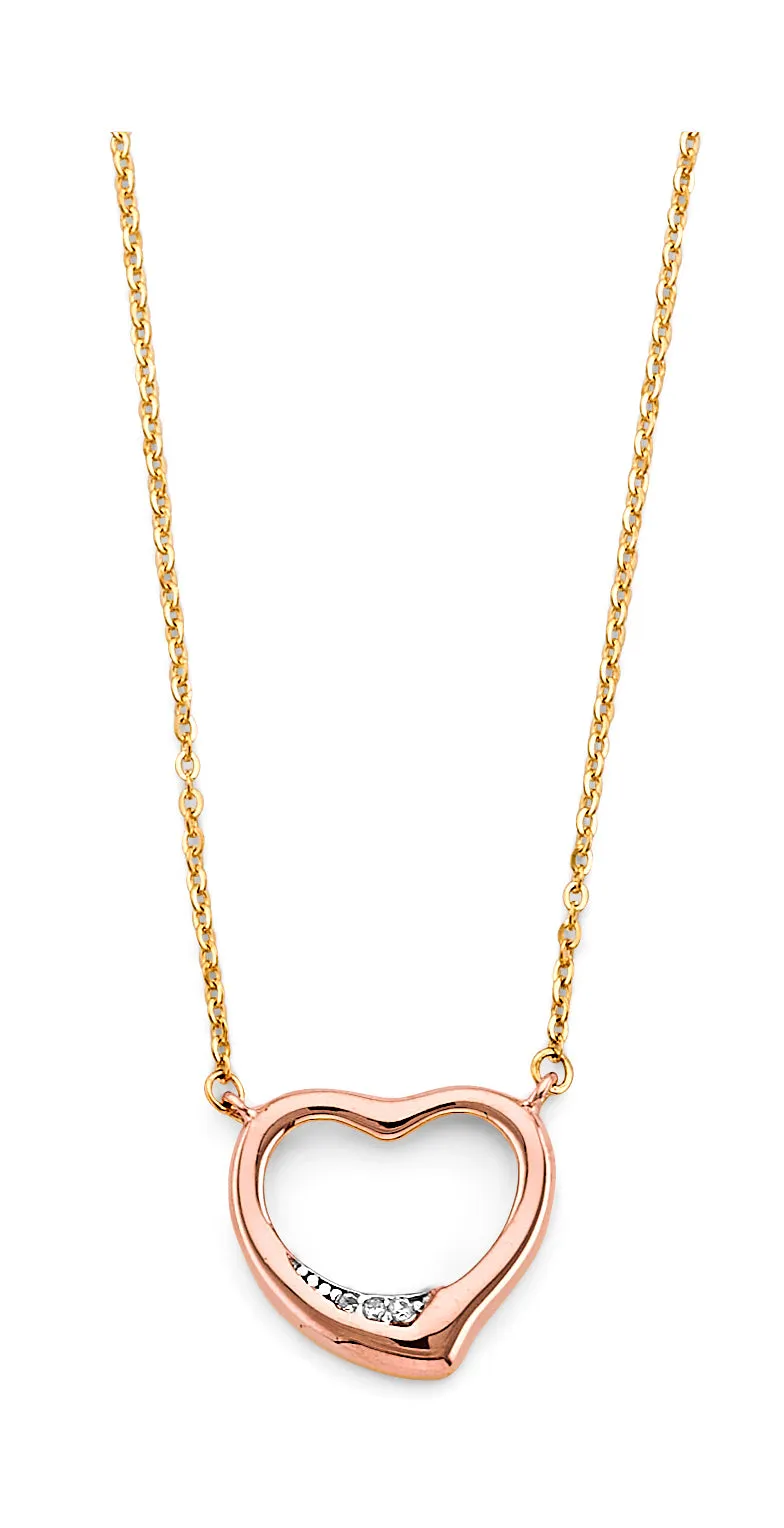 14K Tri Color Gold CZ Pink Heart Necklace