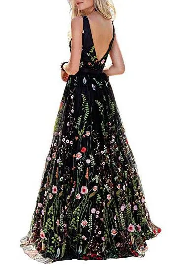 A Line Black Backless Lace Floral Long Sleeveless V Neck Formal Dresses Prom Dresses JS326