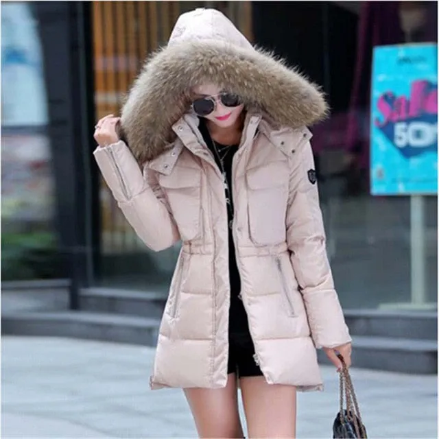 AILOOGE 2017 Winter Jacket Women Thickening Slim Long Cotton Padded Coat Fur Hood Parka Women Manteau Femme