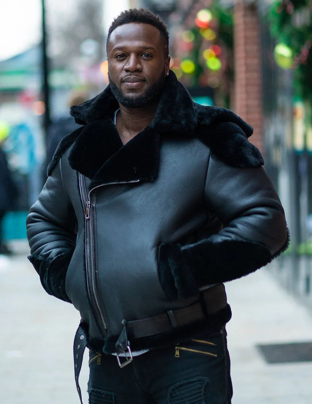 Mens Black Shearling Biker Jacket with Luxurious Fur Details by Alek