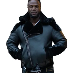 Mens Black Shearling Biker Jacket with Luxurious Fur Details by Alek