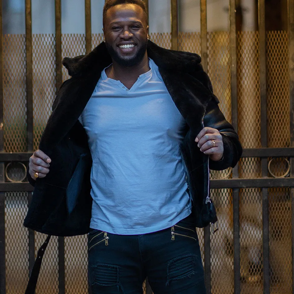 Mens Black Shearling Biker Jacket with Luxurious Fur Details by Alek