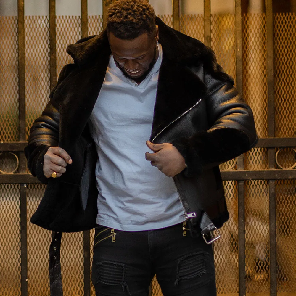 Mens Black Shearling Biker Jacket with Luxurious Fur Details by Alek