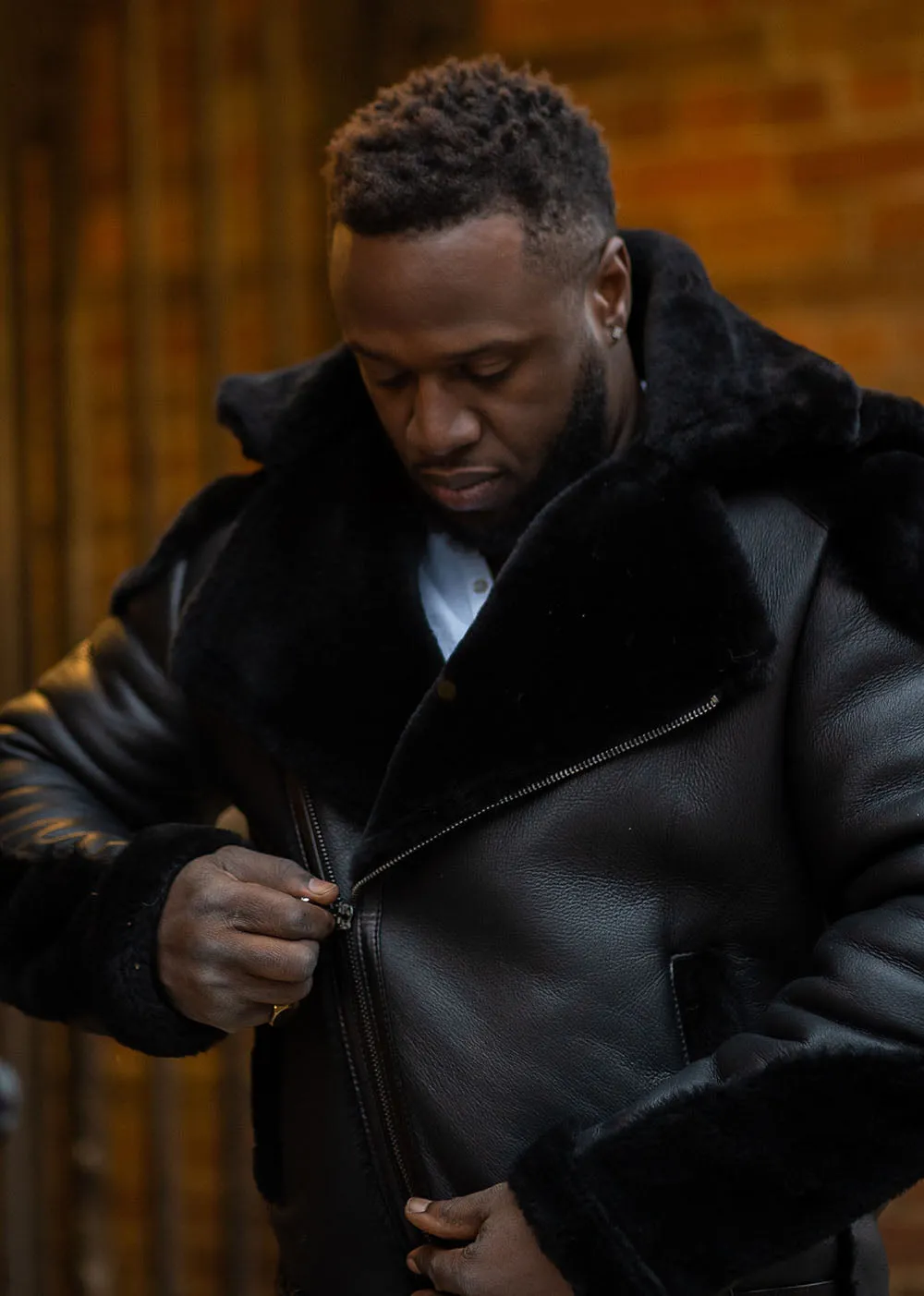 Mens Black Shearling Biker Jacket with Luxurious Fur Details by Alek