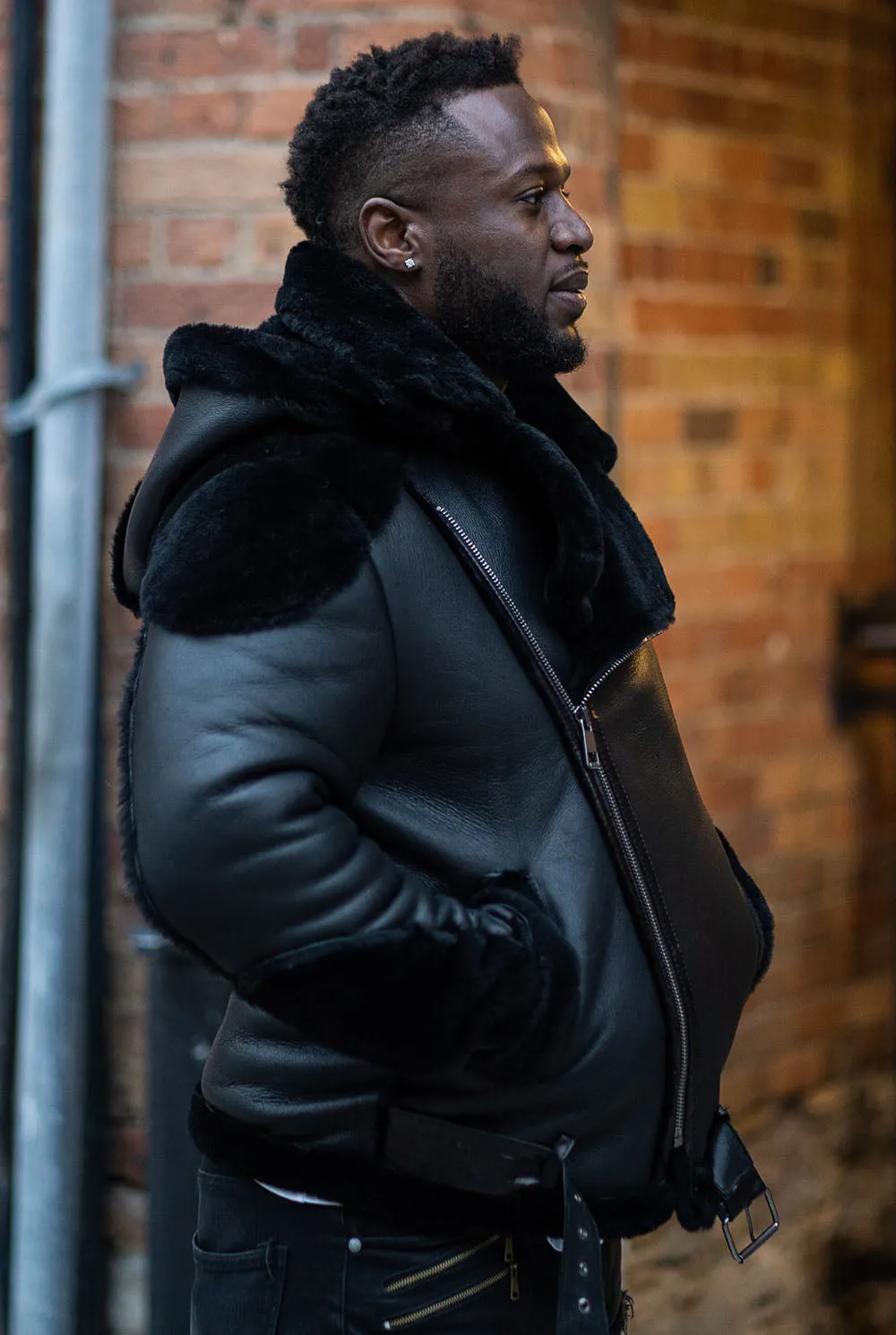 Mens Black Shearling Biker Jacket with Luxurious Fur Details by Alek