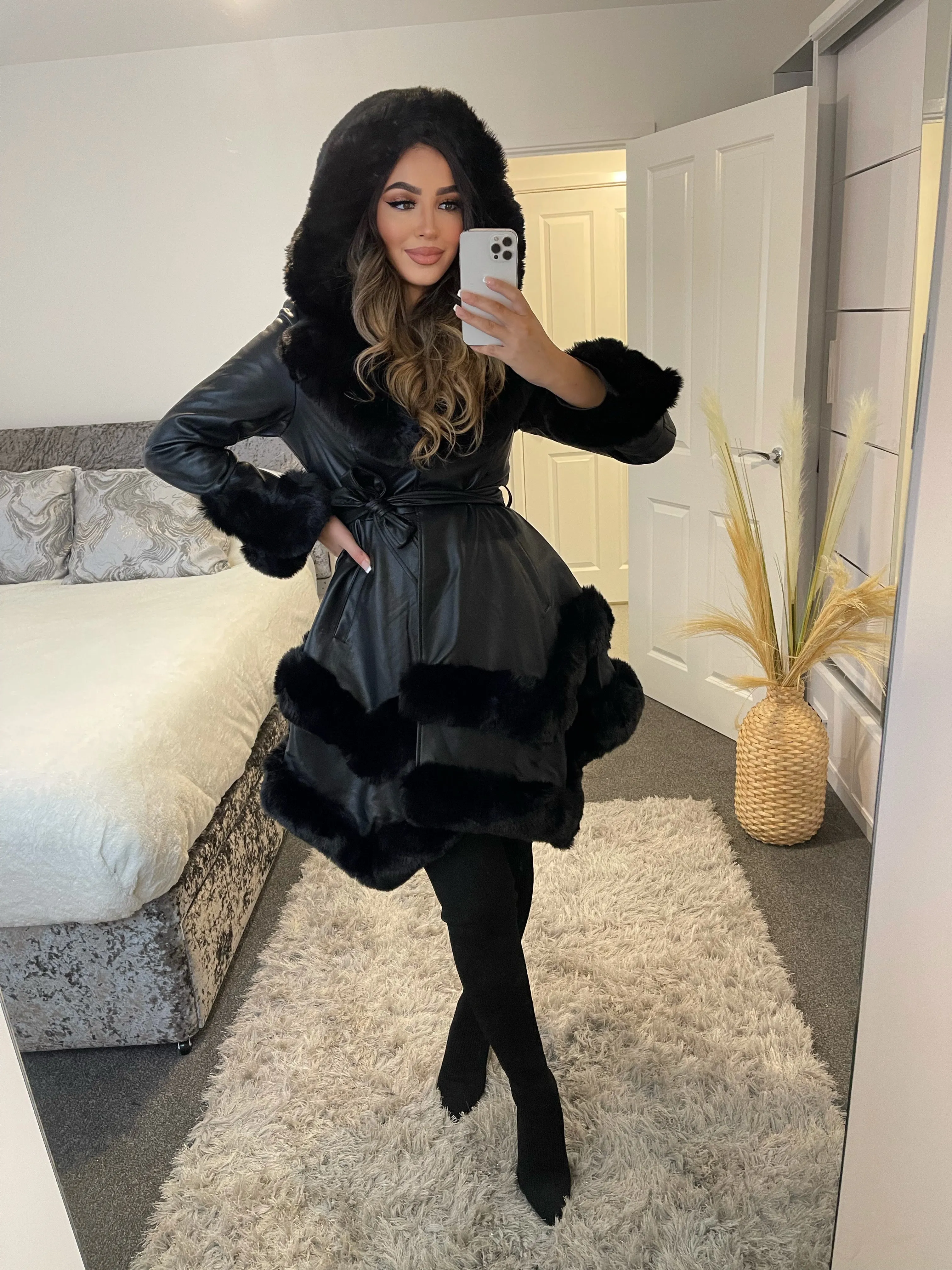 Allana Black PU Faux Leather Faux Fur Tiered Trim Belted Longline Coat
