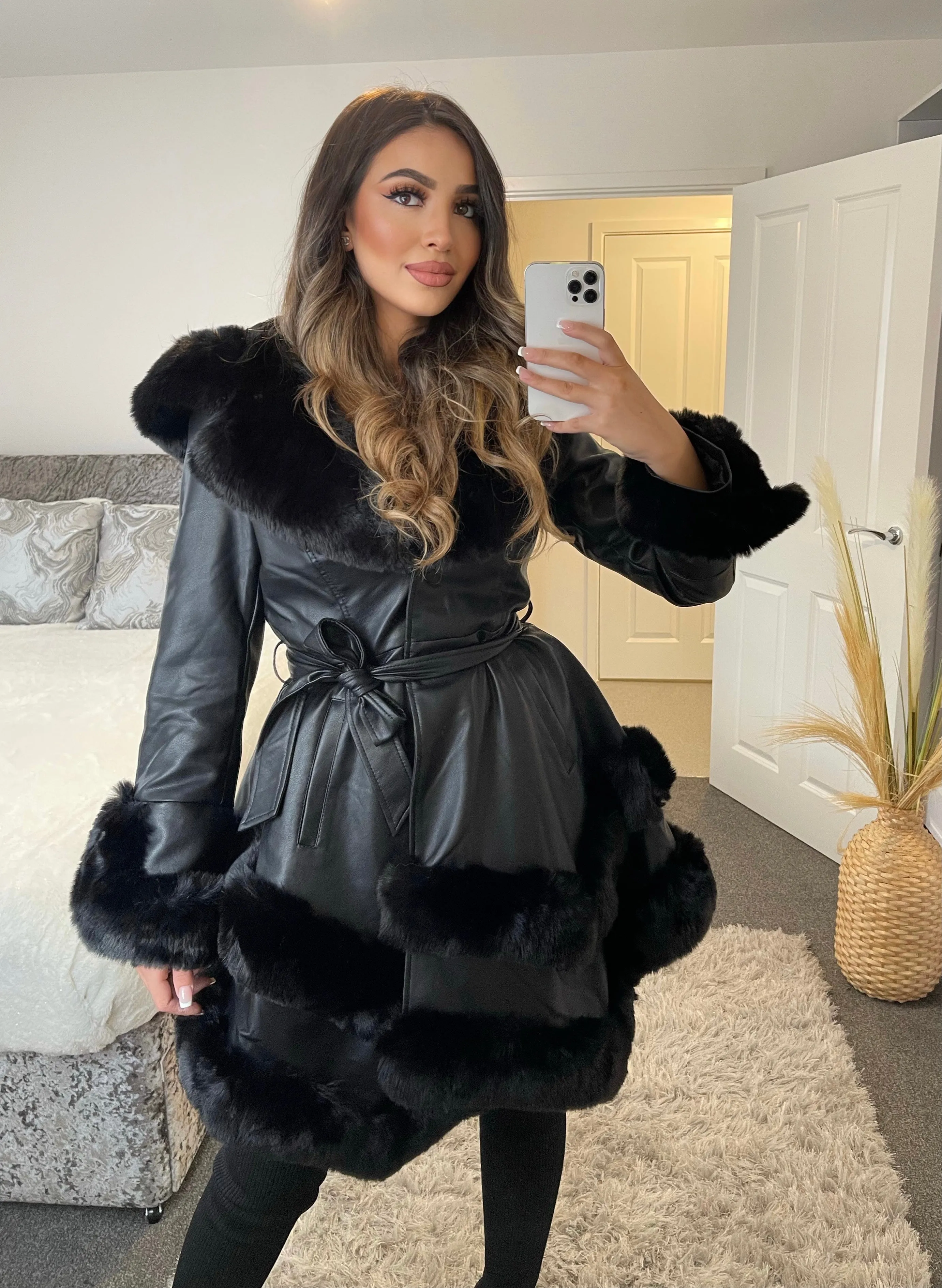 Allana Black PU Faux Leather Faux Fur Tiered Trim Belted Longline Coat