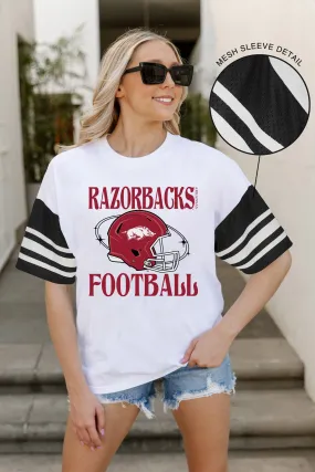 ARKANSAS RAZORBACKS STARTING LINEUP VINTAGE LOOK SHORT SLEEVE SPORTS STRIPE RAGLAN TEE