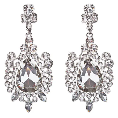 Beautiful Stunning Glamorous Crystal Rhinestone Teardrop Dangle Earrings Silver