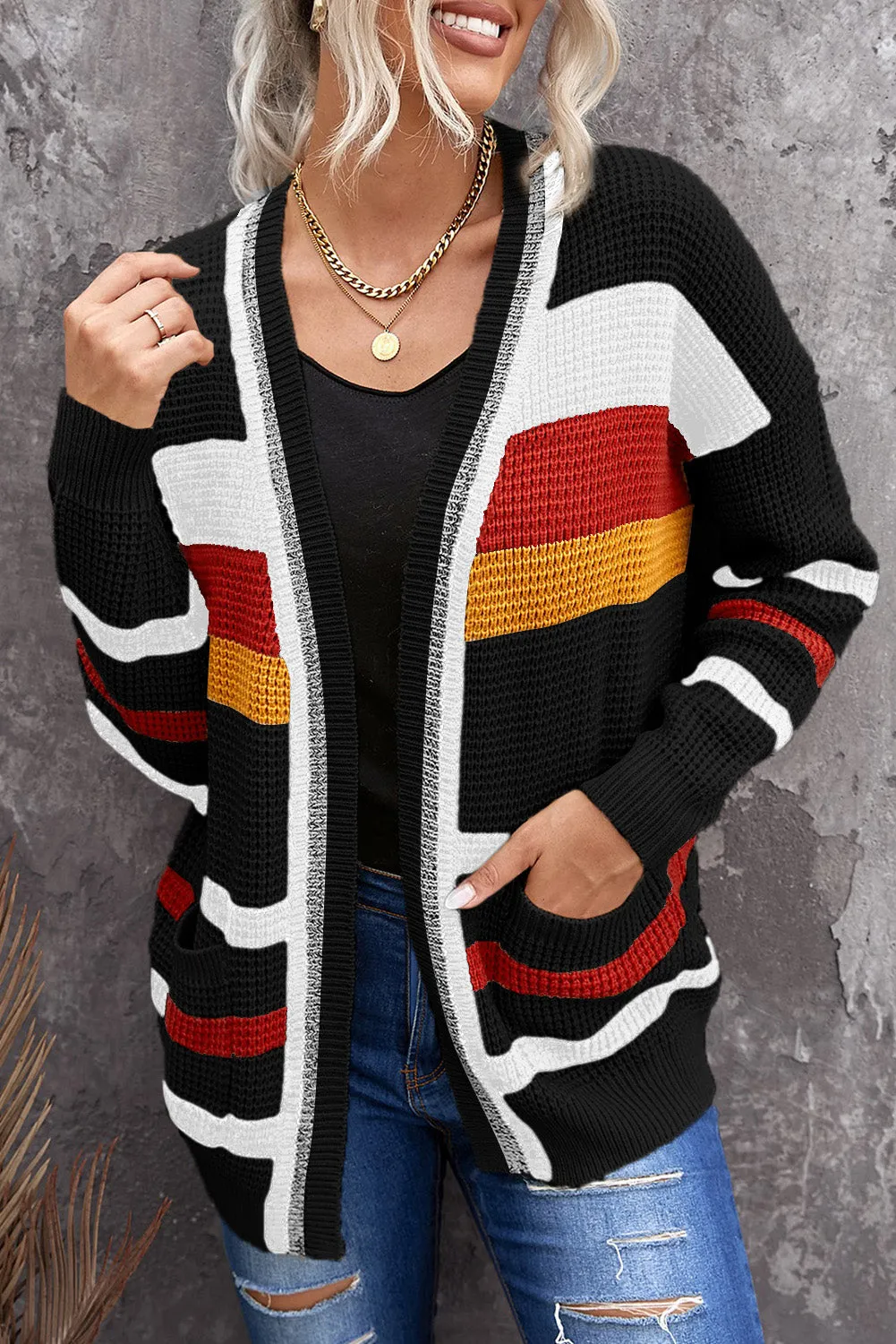 Black Color Block Open Front Pocket Cardigan