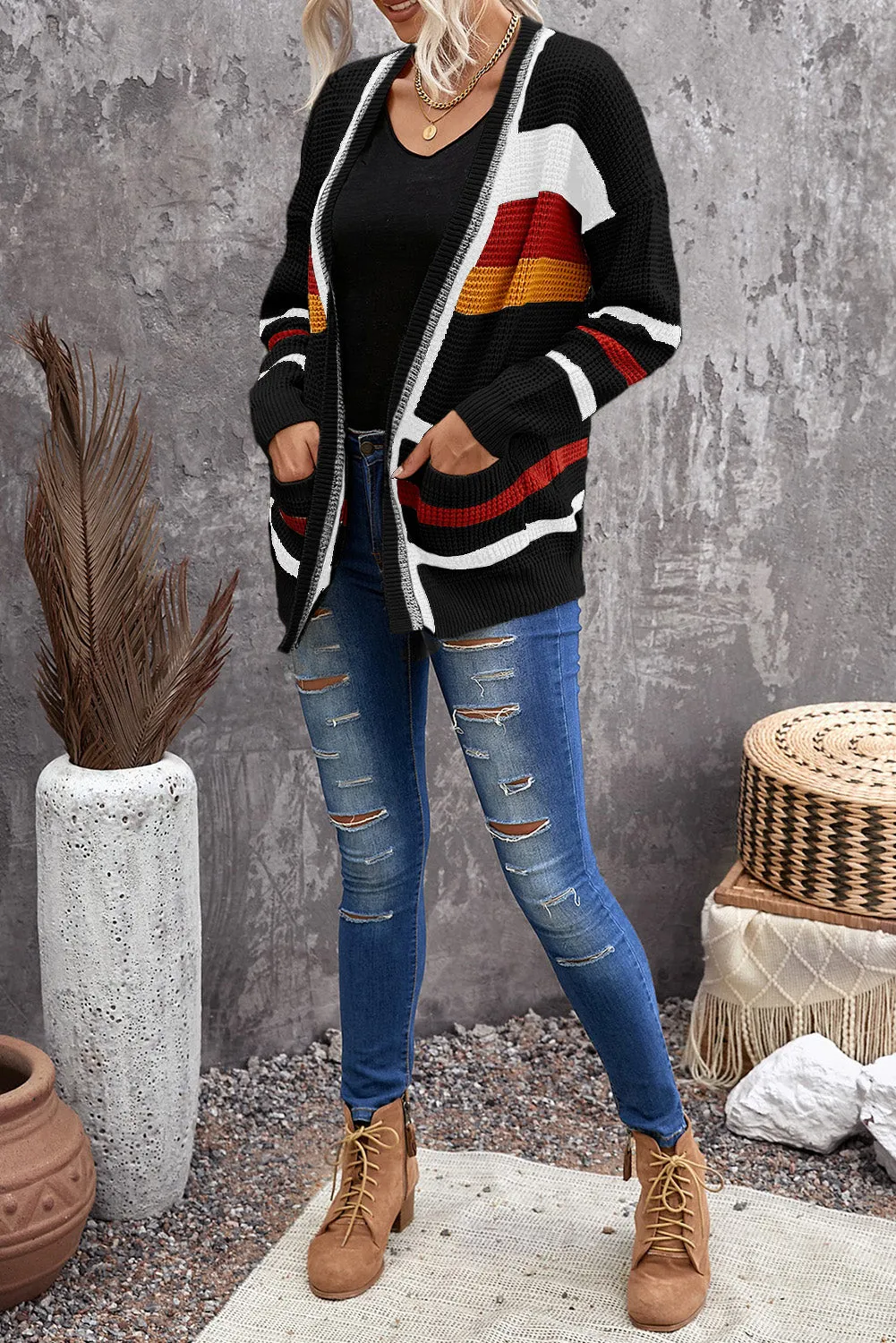 Black Color Block Open Front Pocket Cardigan