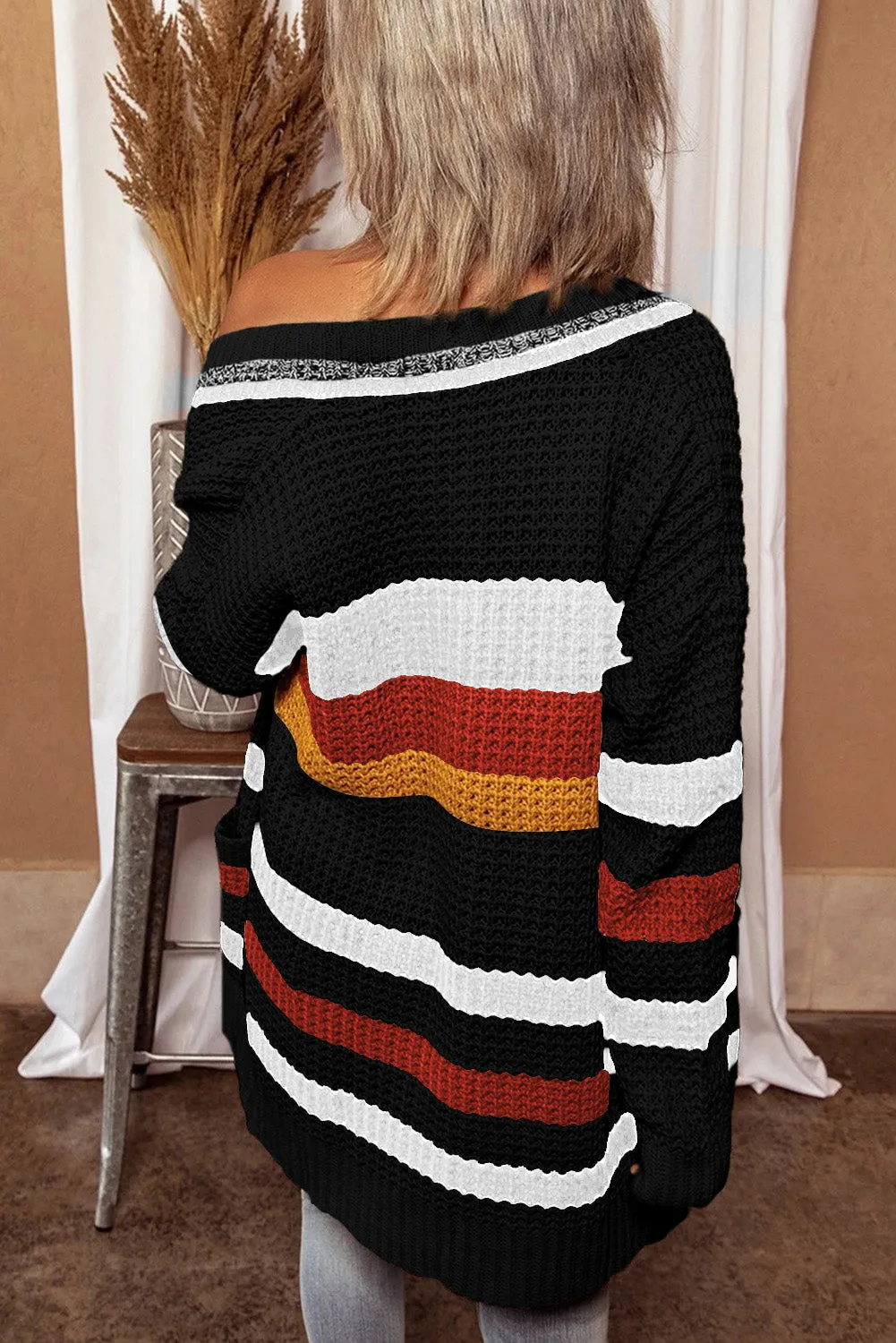 Black Color Block Open Front Pocket Cardigan
