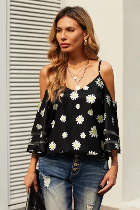 Black Daisy Floral Cold Shoulder Blouse