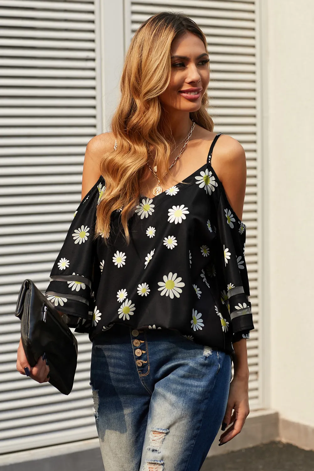 Black Daisy Floral Cold Shoulder Blouse