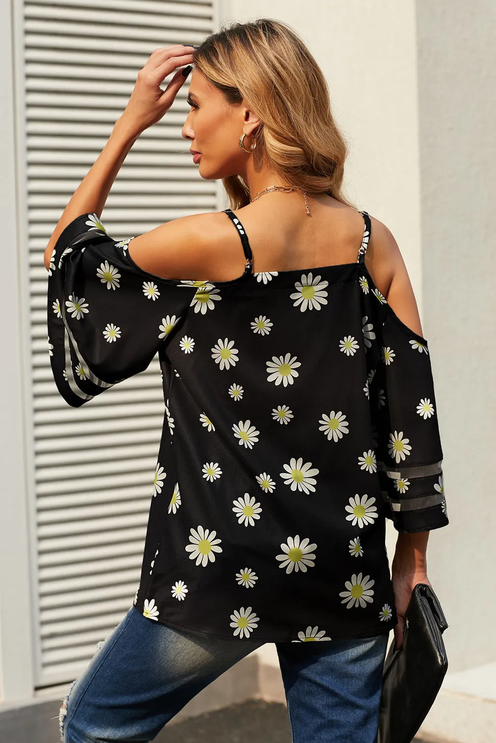 Black Daisy Floral Cold Shoulder Blouse