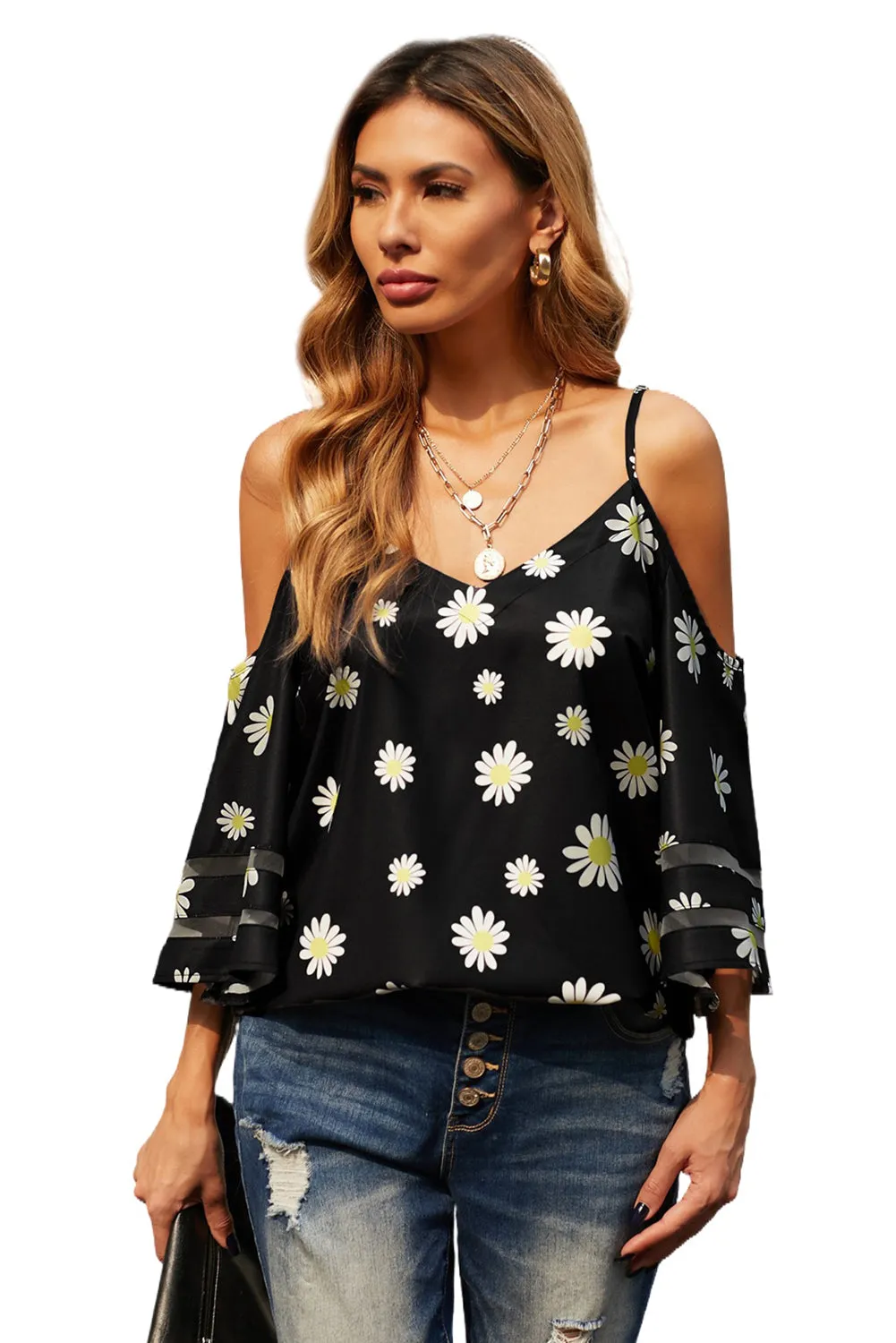 Black Daisy Floral Cold Shoulder Blouse
