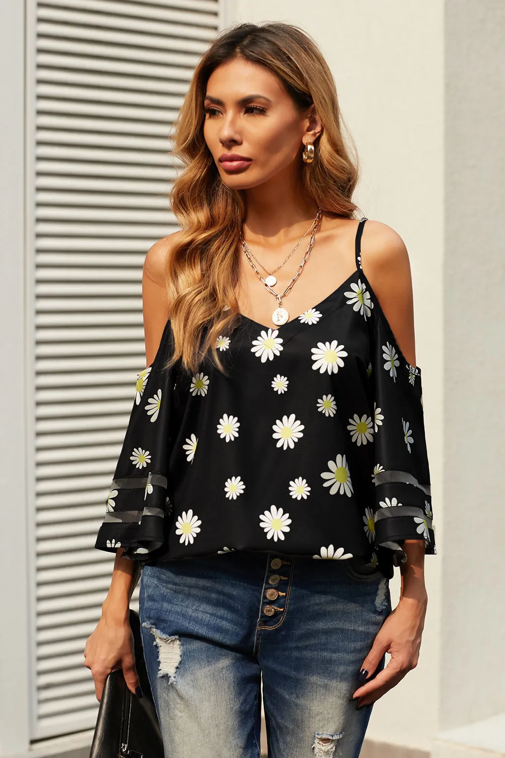 Black Daisy Floral Cold Shoulder Blouse