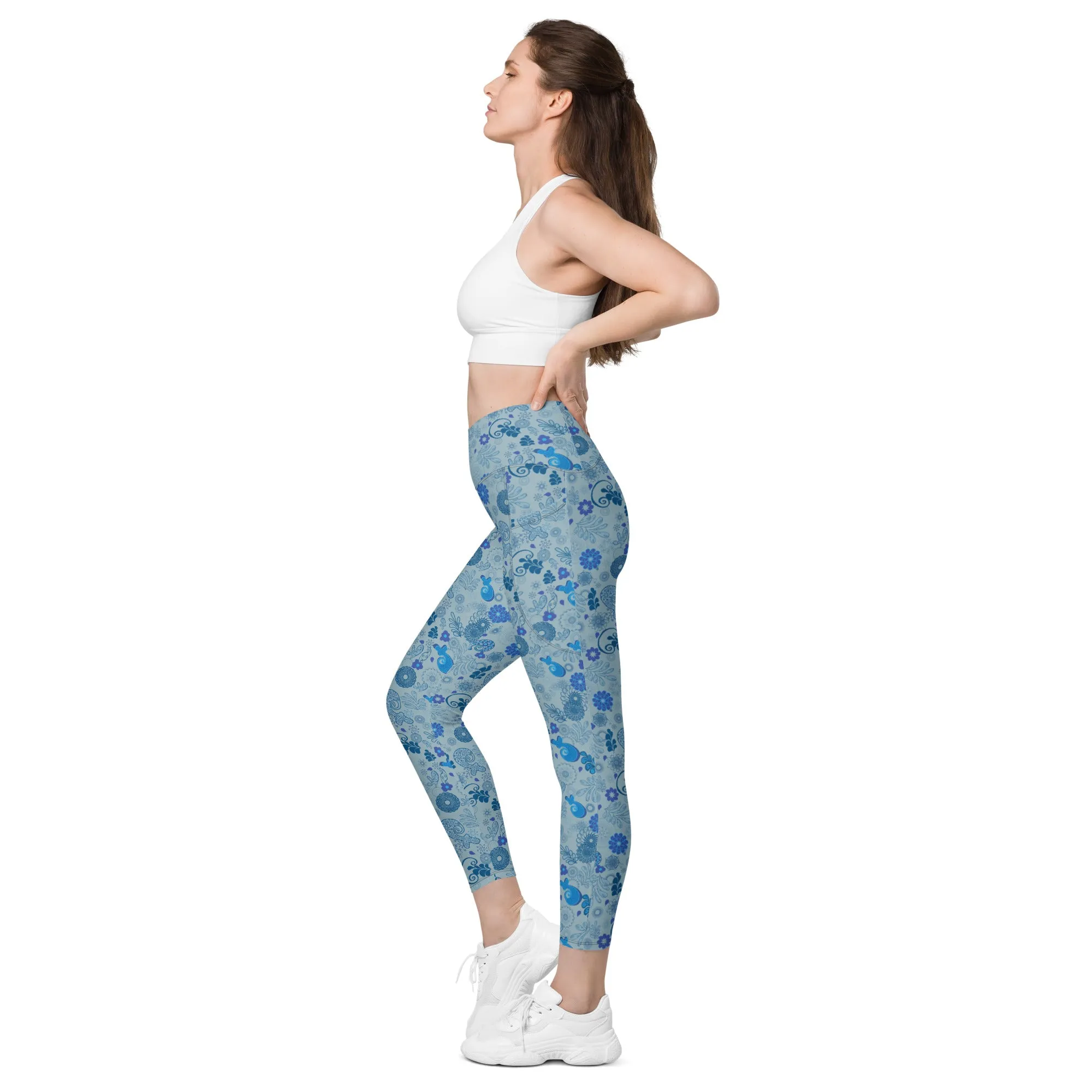 Blue Paisley Crossover leggings with pockets