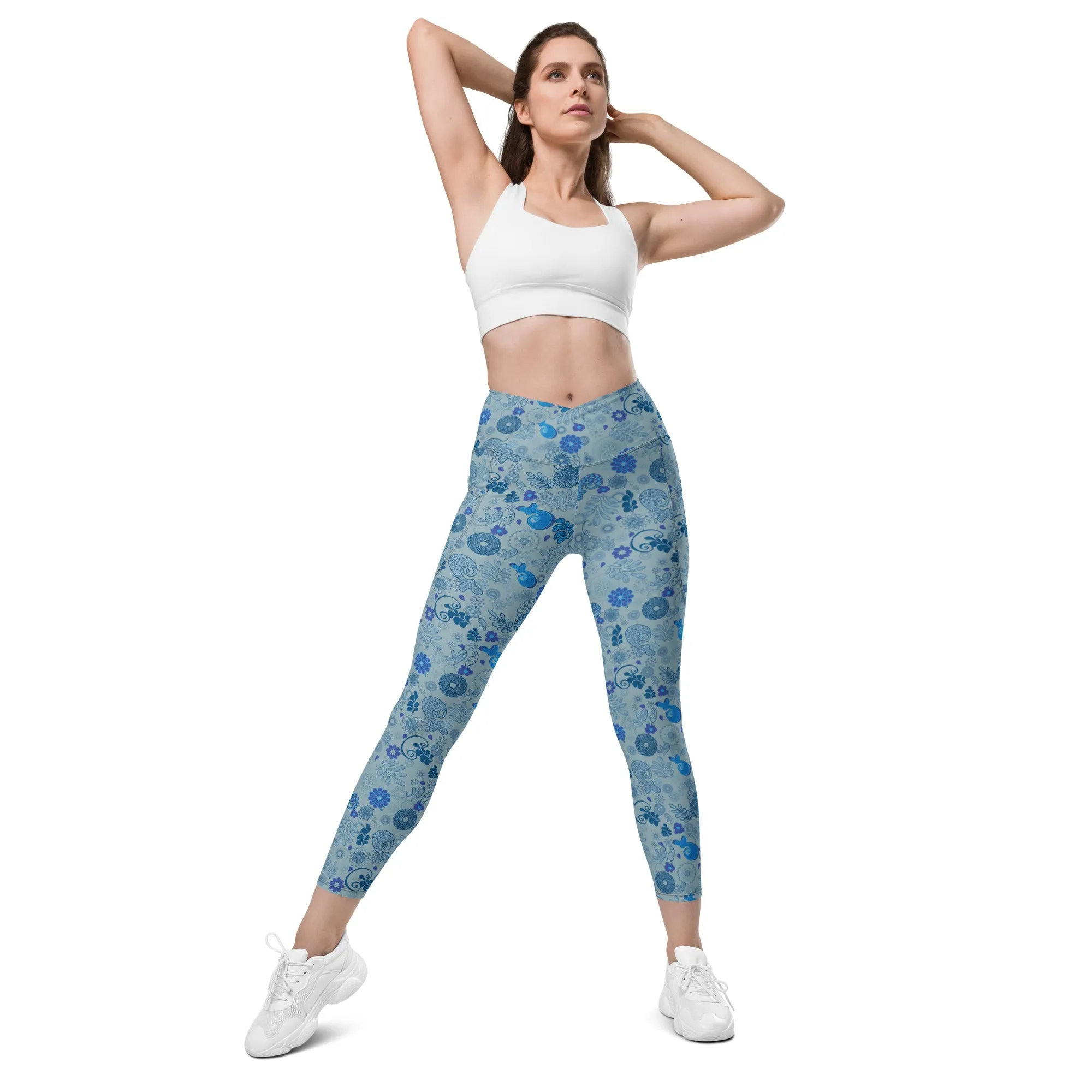 Blue Paisley Crossover leggings with pockets