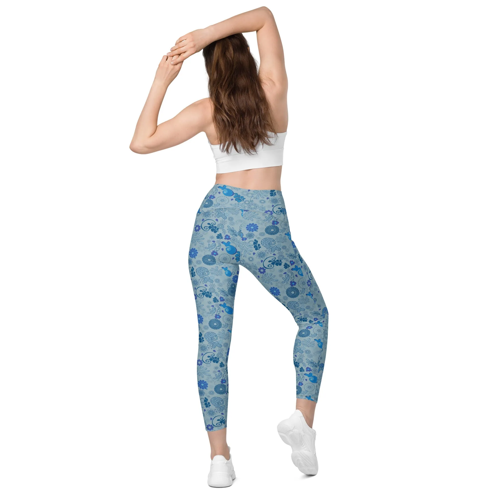Blue Paisley Crossover leggings with pockets