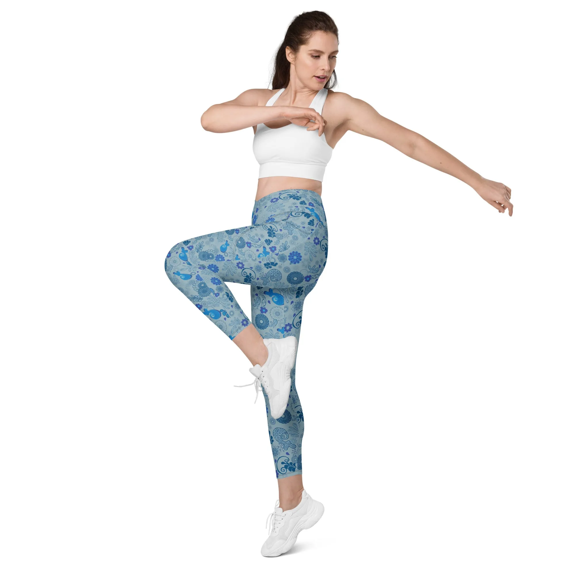 Blue Paisley Crossover leggings with pockets