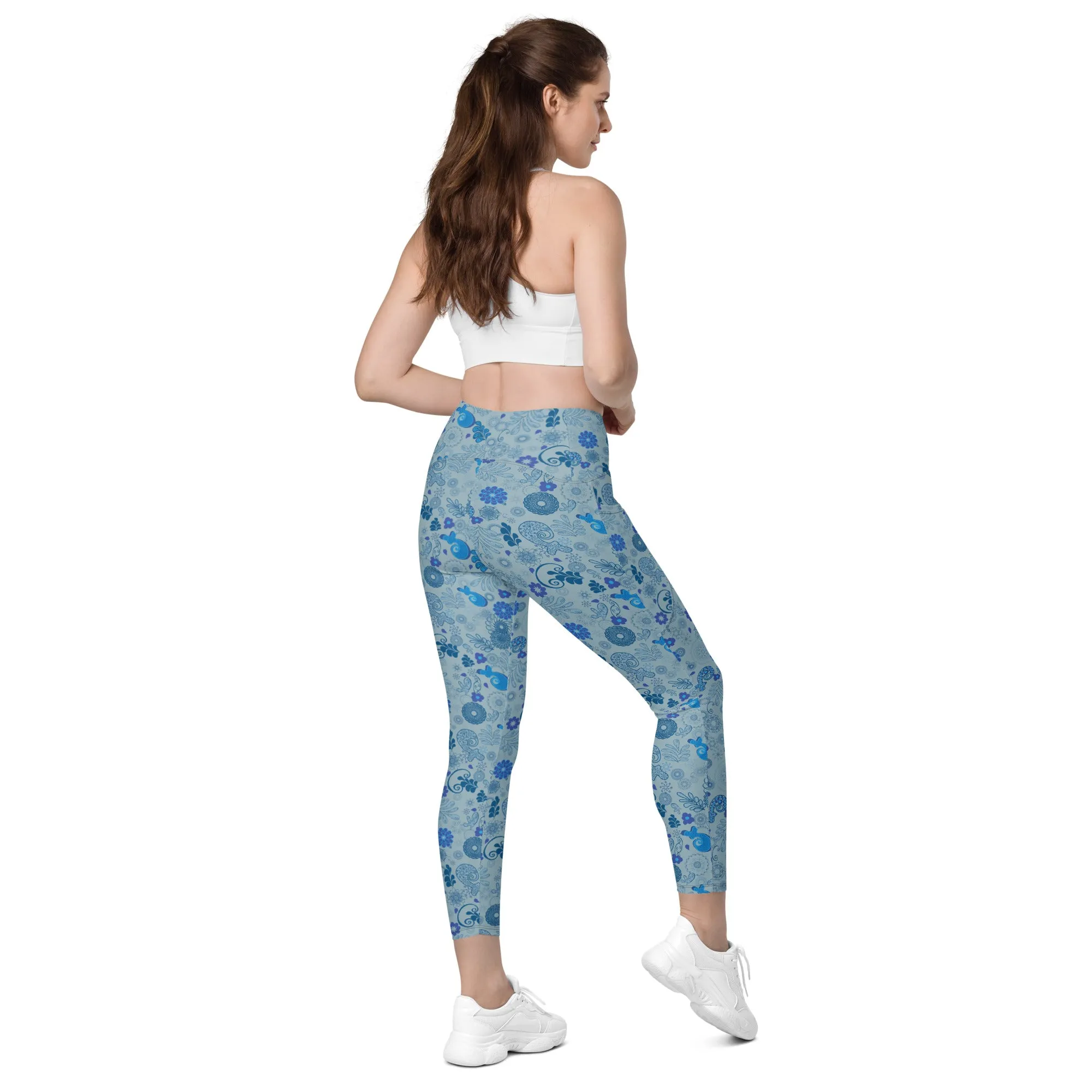 Blue Paisley Crossover leggings with pockets