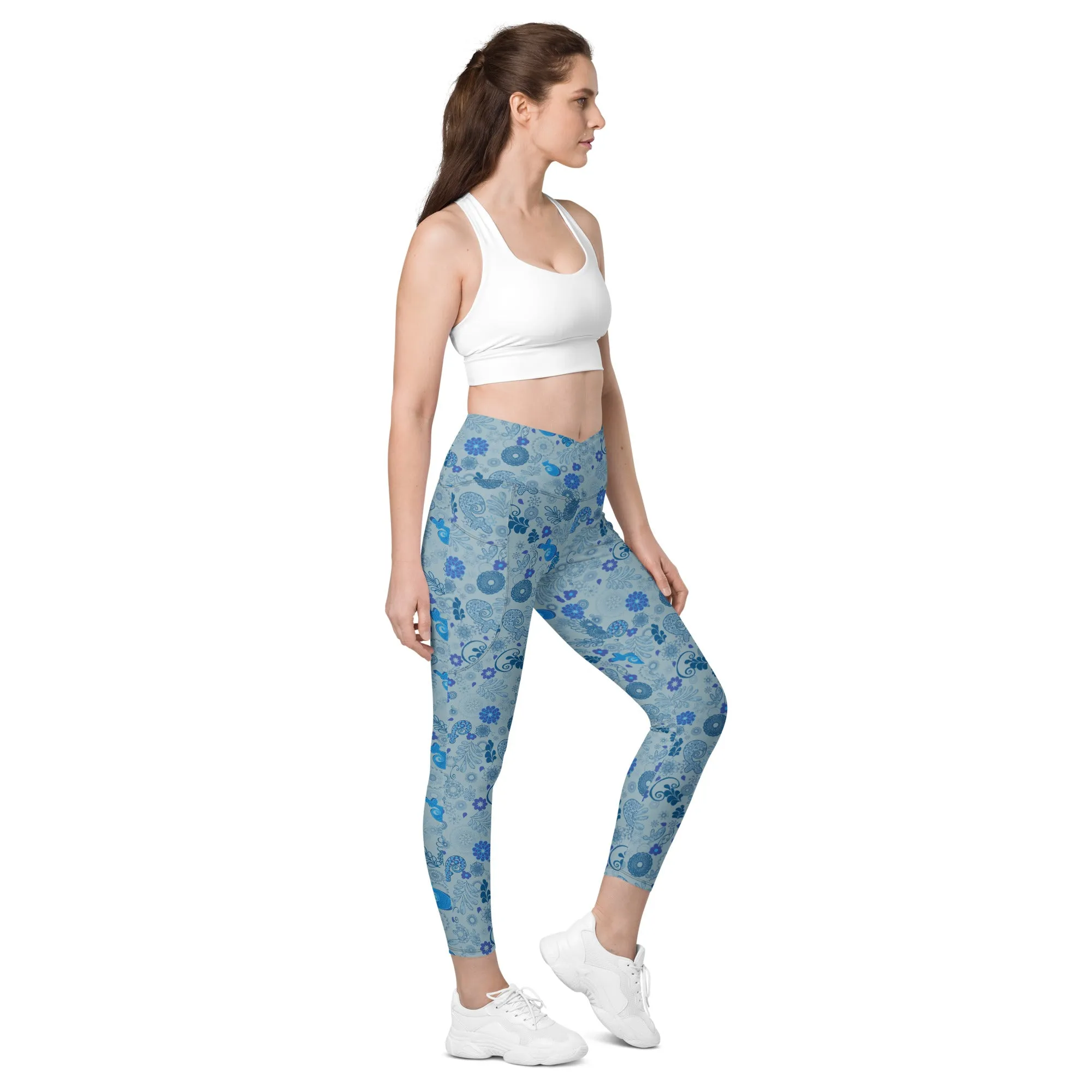 Blue Paisley Crossover leggings with pockets