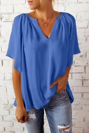 Blue Split Neck Pleated Blouse