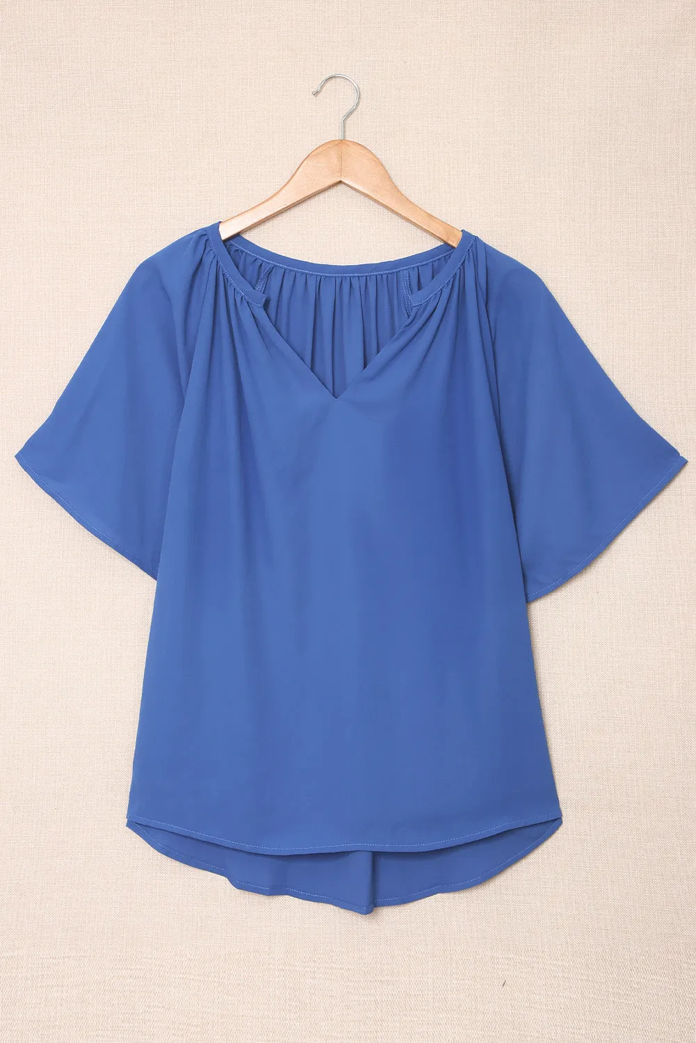 Blue Split Neck Pleated Blouse