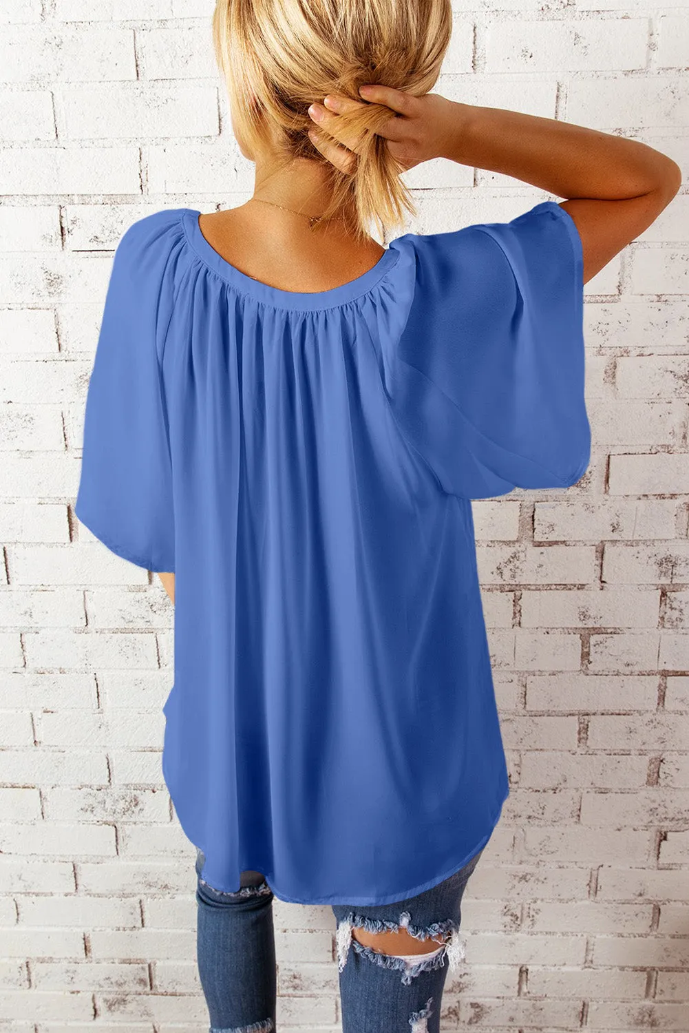 Blue Split Neck Pleated Blouse