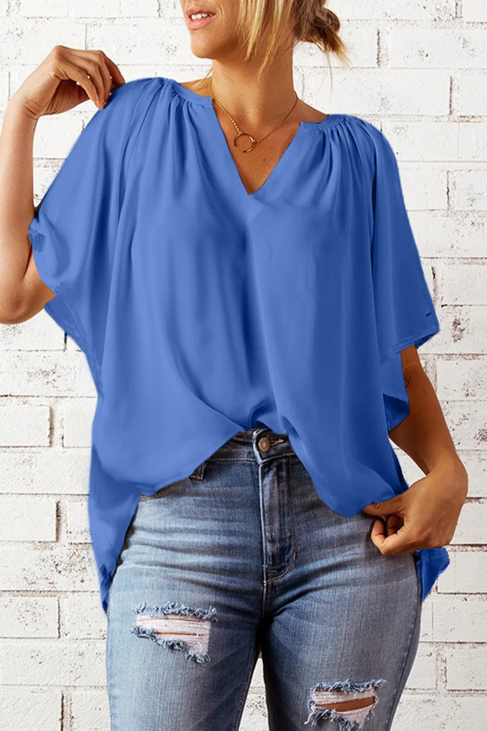 Blue Split Neck Pleated Blouse