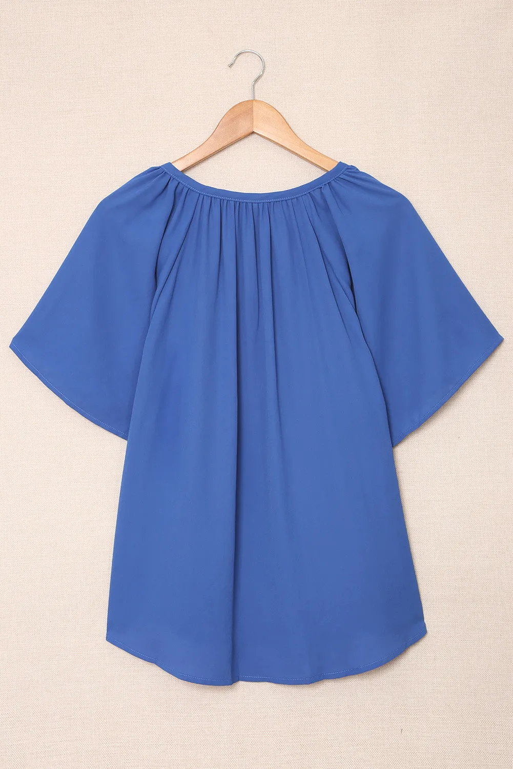 Blue Split Neck Pleated Blouse