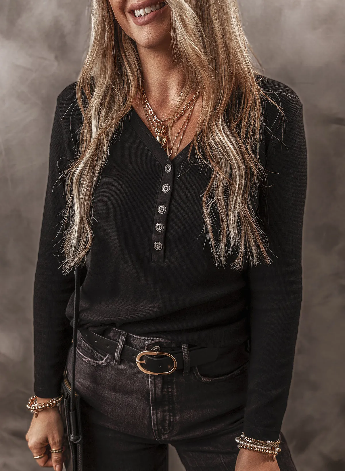 Buttoned Long Sleeve Ribbed Top