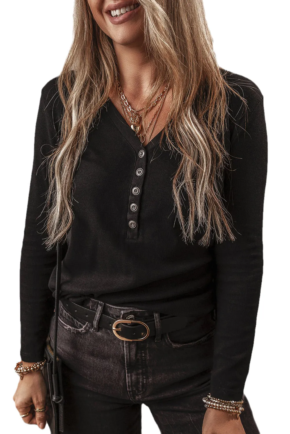 Buttoned Long Sleeve Ribbed Top