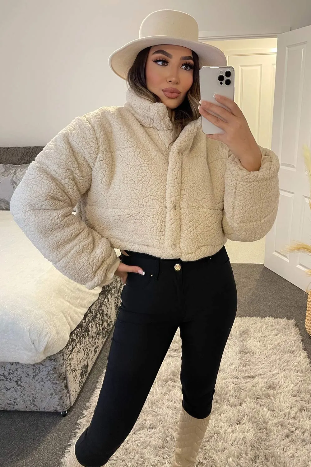 Charlene Cream Teddy Panelled Cropped Jacket