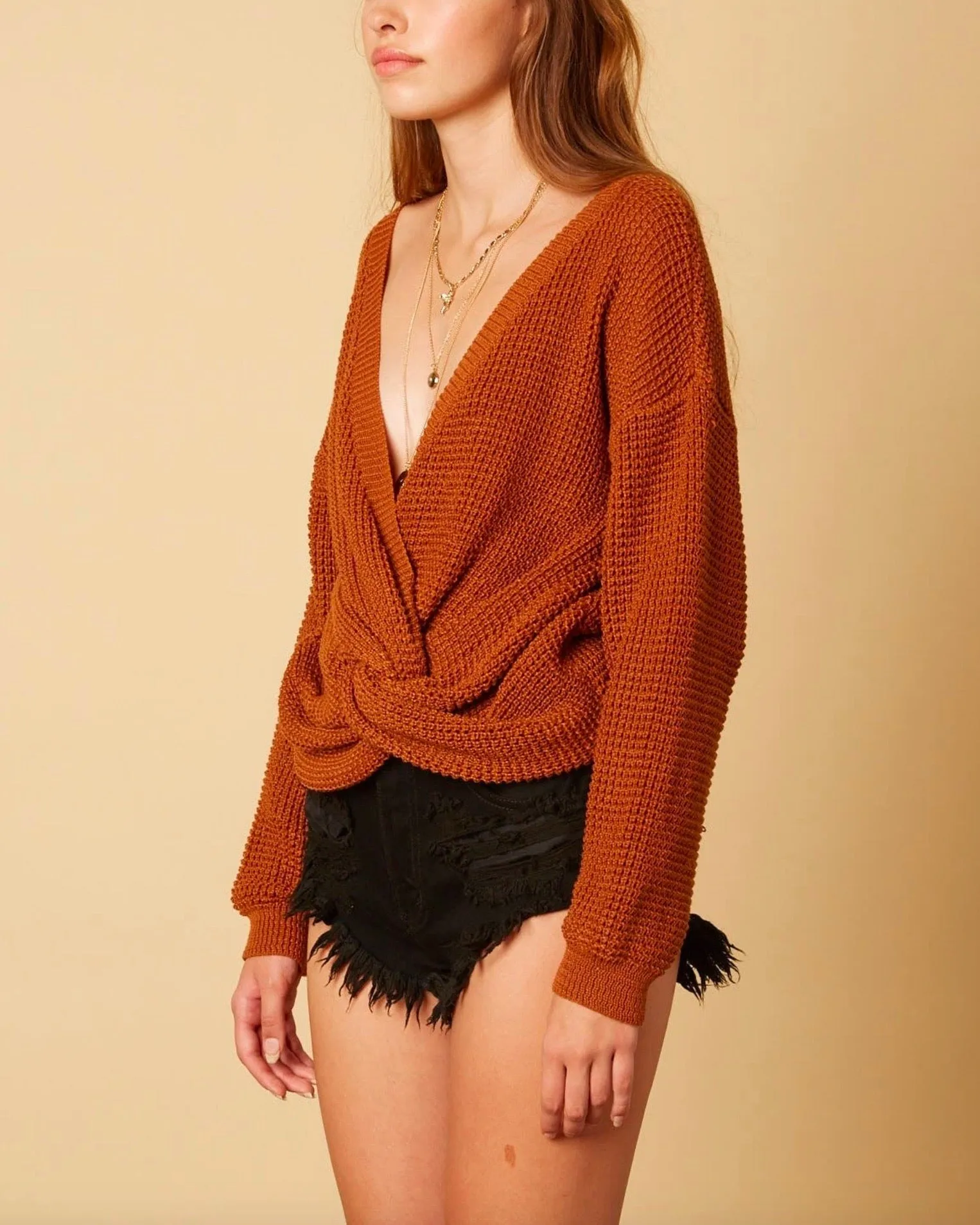 Cotton Candy LA - Plunging Twist Knot Front Sweater with Dropped Shoulders in Bronze