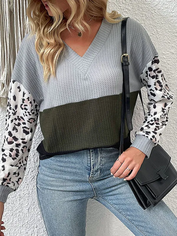 Cozy Knitted V-Neck Sweater in Couture Leopard Patchwork