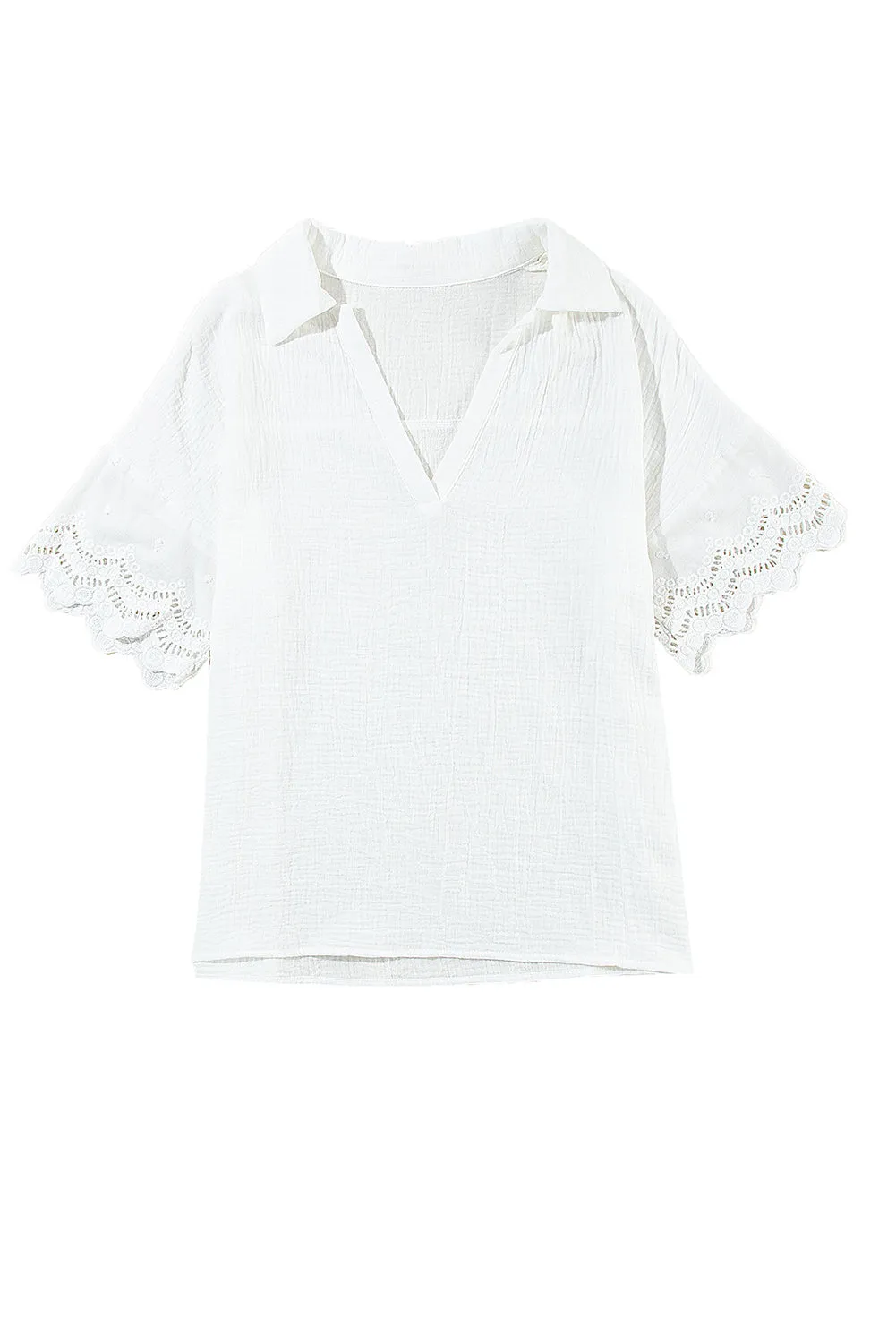 Crinkled Lace Collared V Neck Blouse