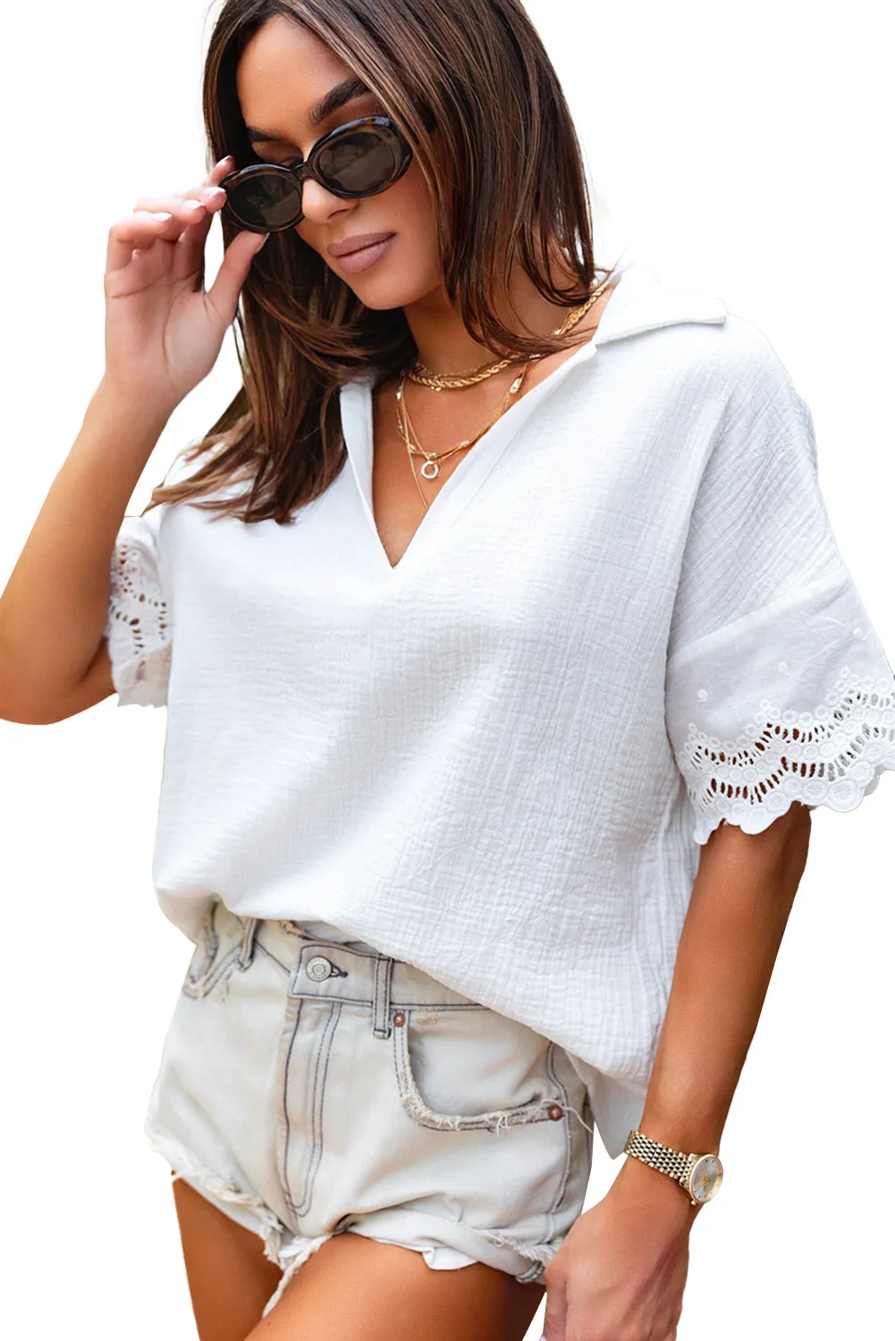 Crinkled Lace Collared V Neck Blouse