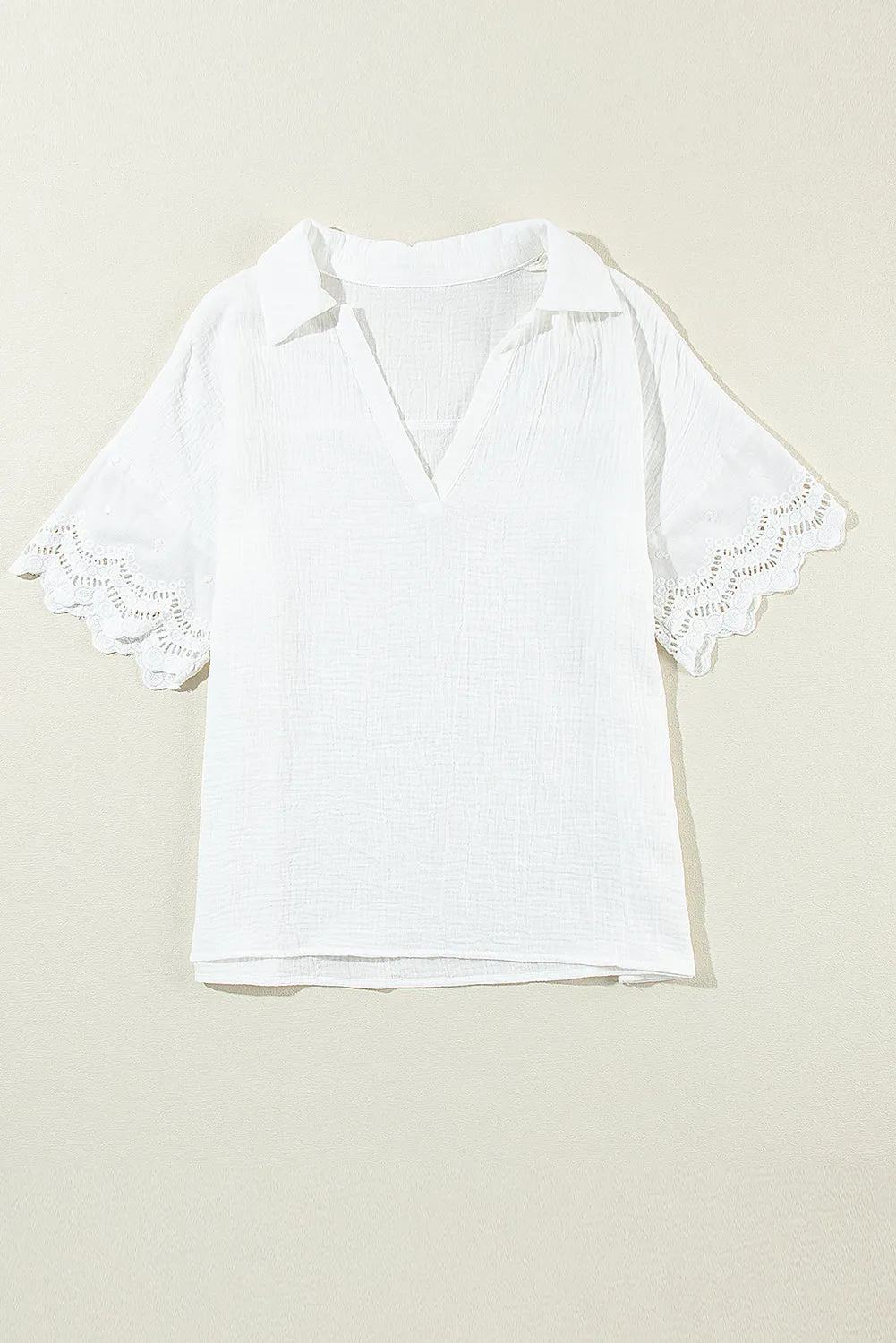 Crinkled Lace Collared V Neck Blouse