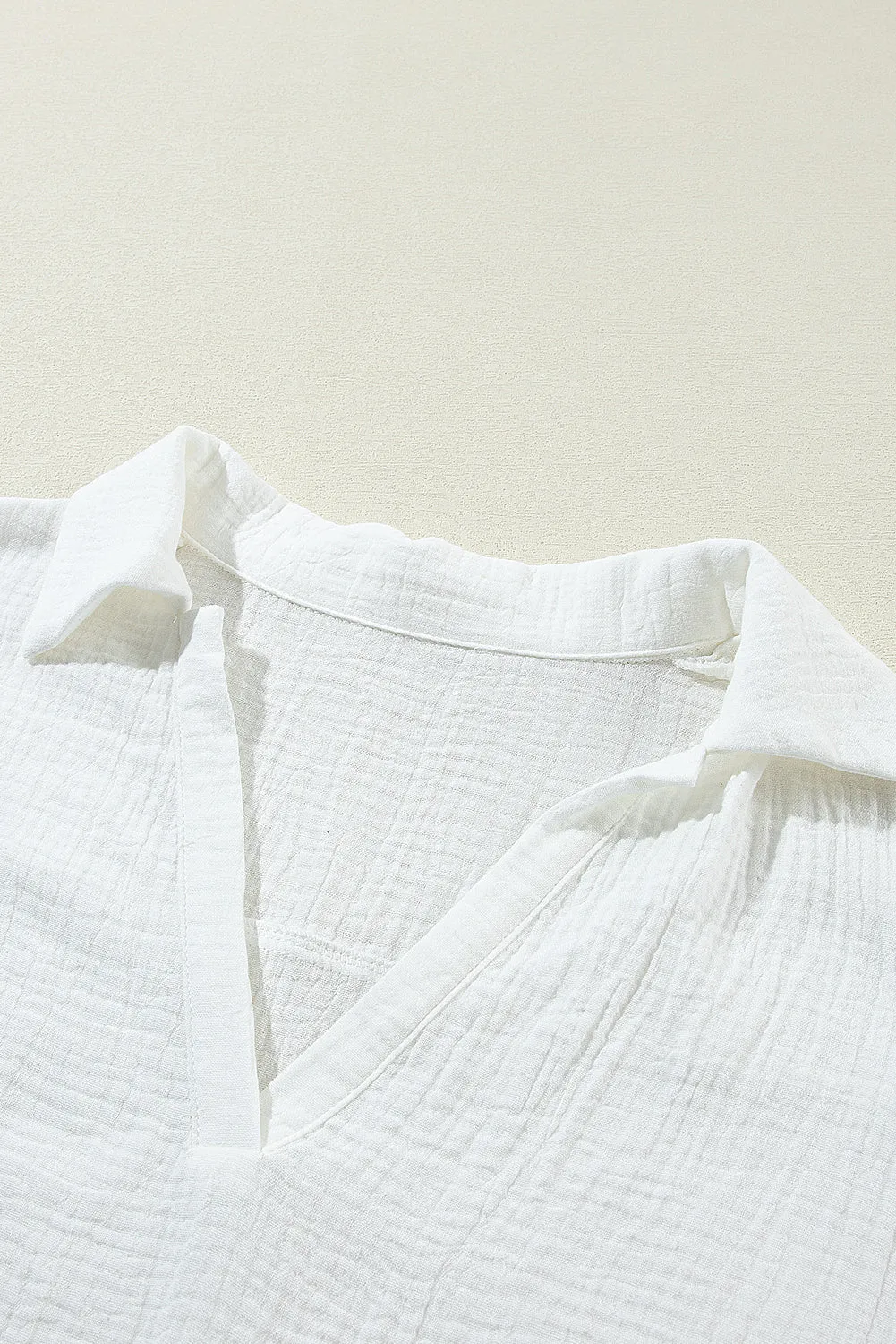 Crinkled Lace Collared V Neck Blouse