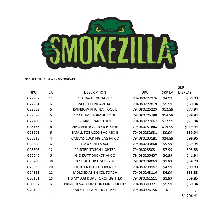 Curated Smokezilla Top Sellers Assorted Smoking Accessories Floor Display 88548