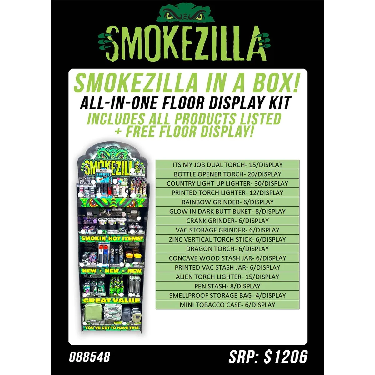 Curated Smokezilla Top Sellers Assorted Smoking Accessories Floor Display 88548