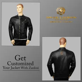 Customized "CR" Zardosi Initial Zip Closure Black Genuine Leather Biker Jacket by Brune & Bareskin