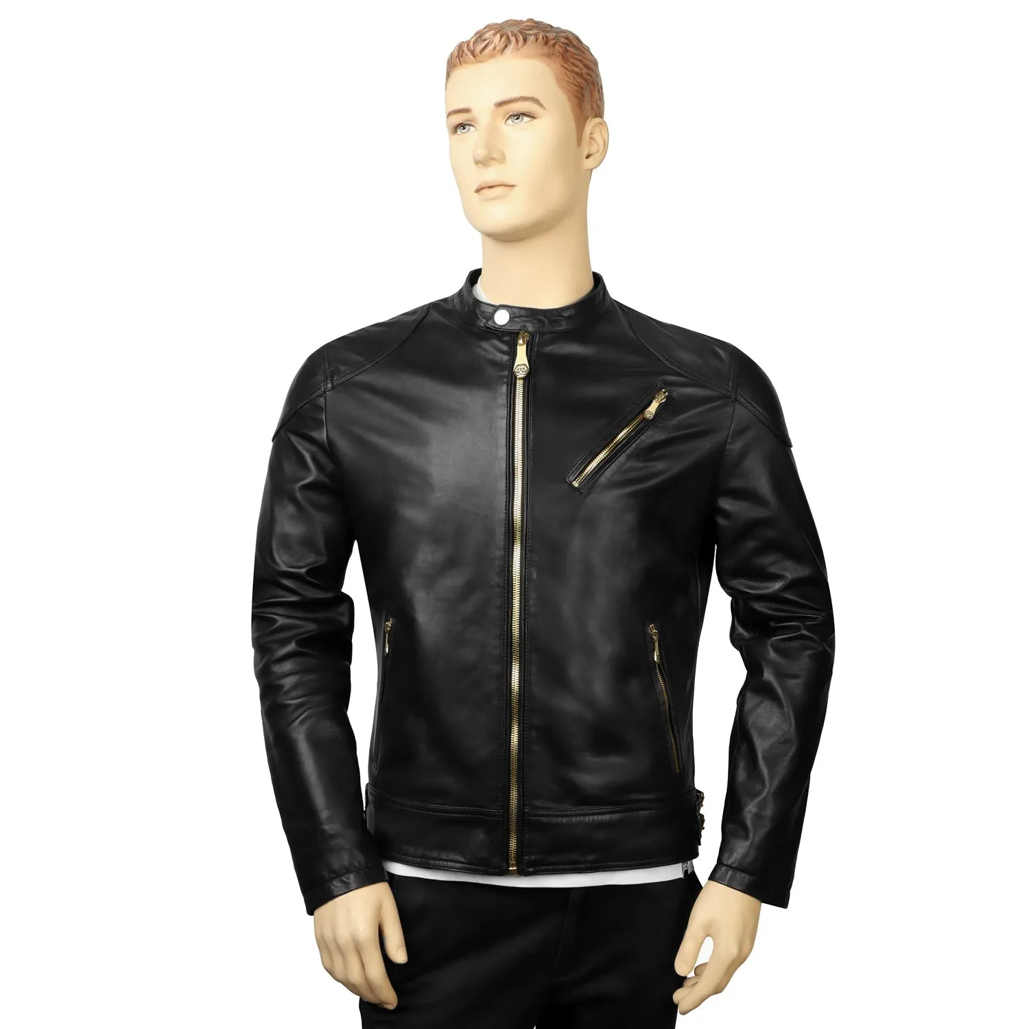 Customized "CR" Zardosi Initial Zip Closure Black Genuine Leather Biker Jacket by Brune & Bareskin