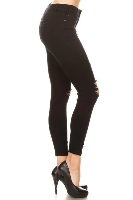Distressed Black Mid Rise Skinny Jeans with Chewed Hems - EP3001 - 11