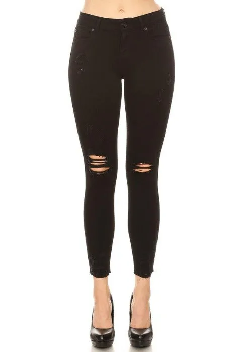 Distressed Black Mid Rise Skinny Jeans with Chewed Hems - EP3001 - 11