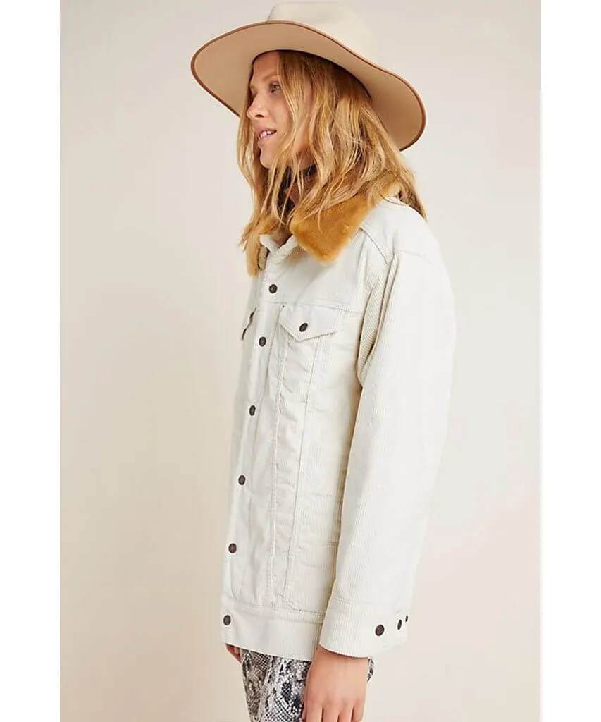 Faux Fur Corduroy Trucker Jacket Ecru