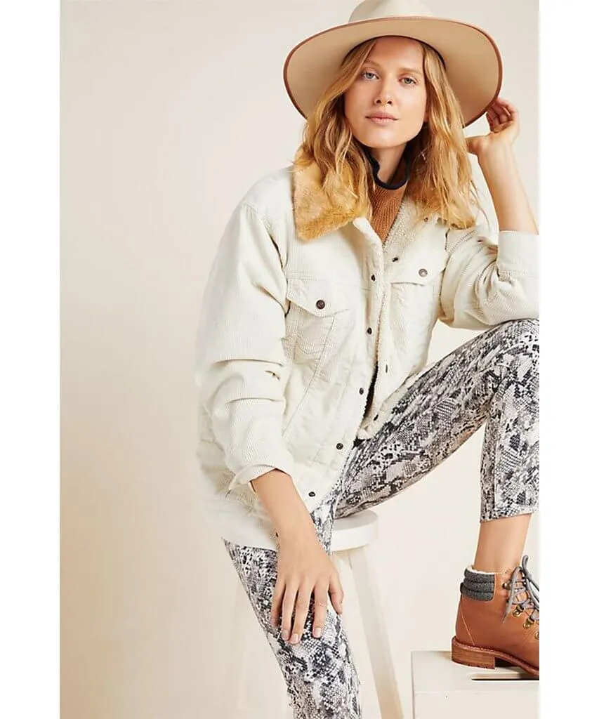 Faux Fur Corduroy Trucker Jacket Ecru