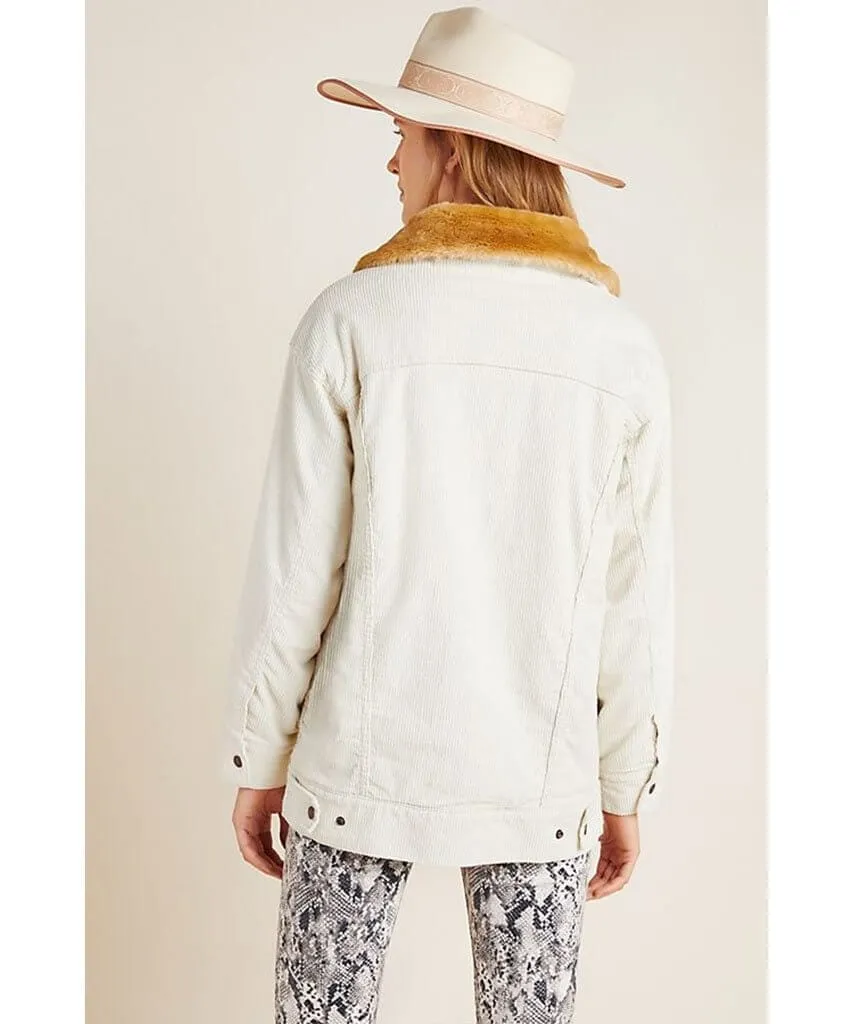 Faux Fur Corduroy Trucker Jacket Ecru